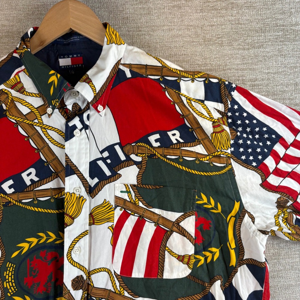 Vintage 90s Tommy Hilfiger Mens L Nautical Flag Crest Americana Button Down EUC